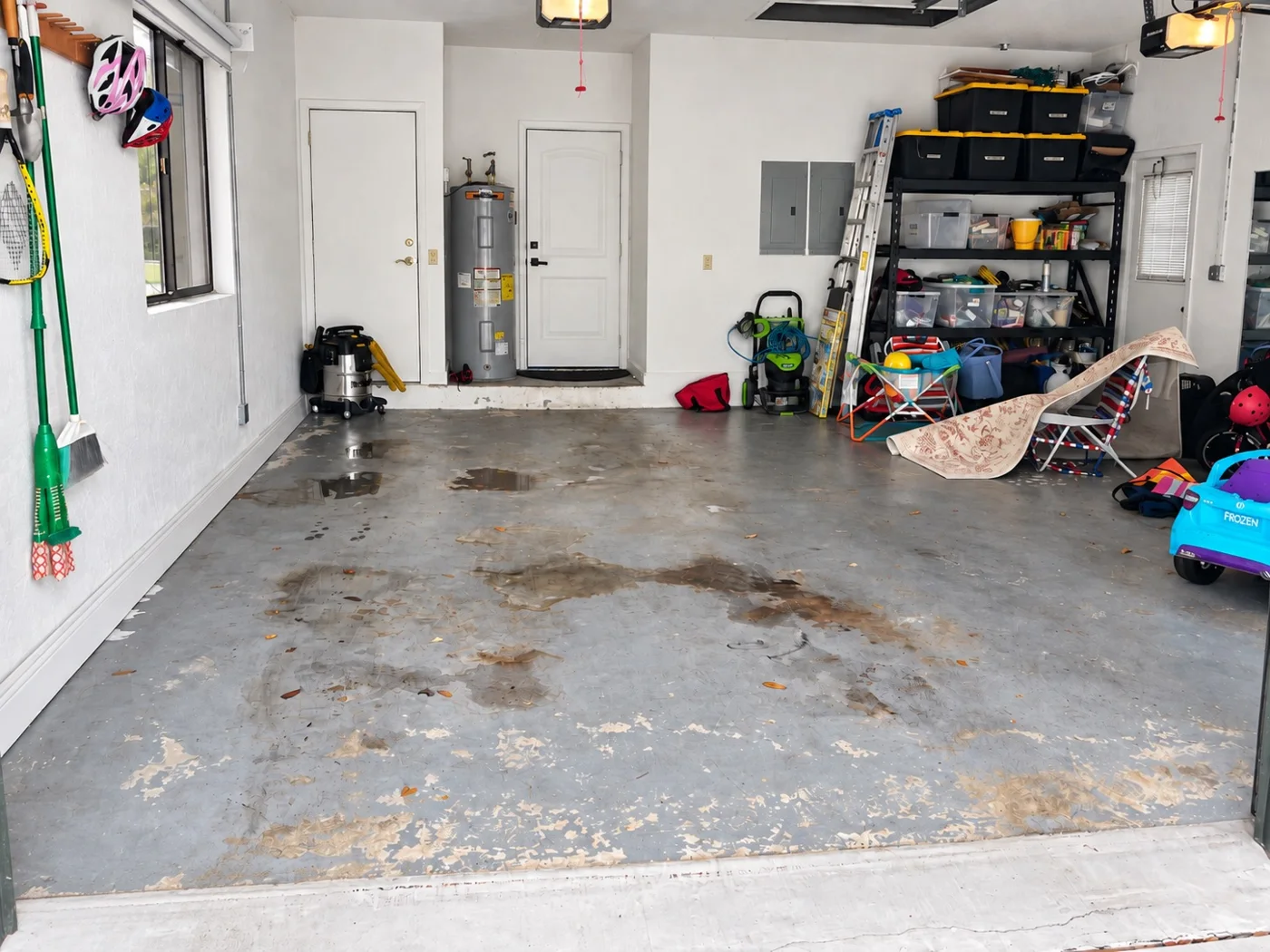 Full-flake garage floor before
