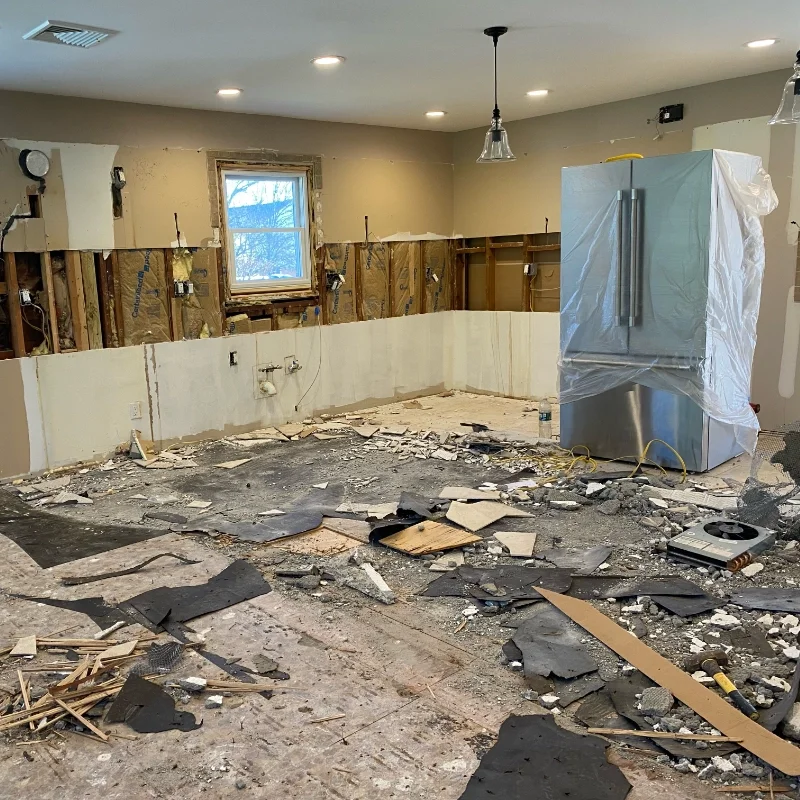 Old kitchen demolished down to the studs and subfloor