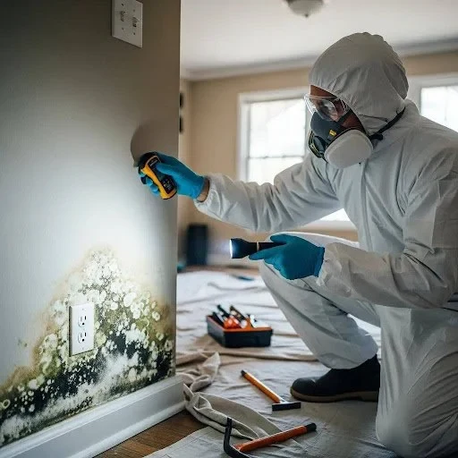 Technician in protective suit inspecting mold growth on a wall with a moisture meter
