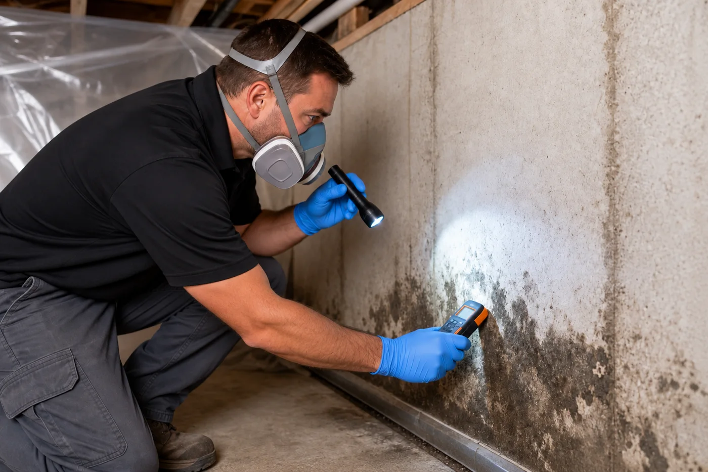 Technician in a respirator inspecting mold growth on a concrete wall with a flashlight and moisture meter