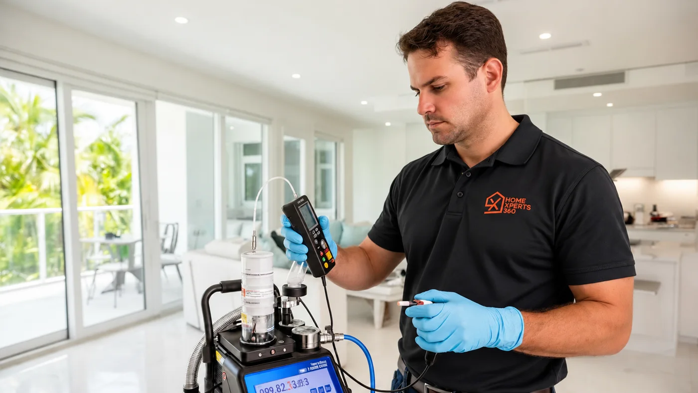 Technician running an air sampling pump during mold testing
