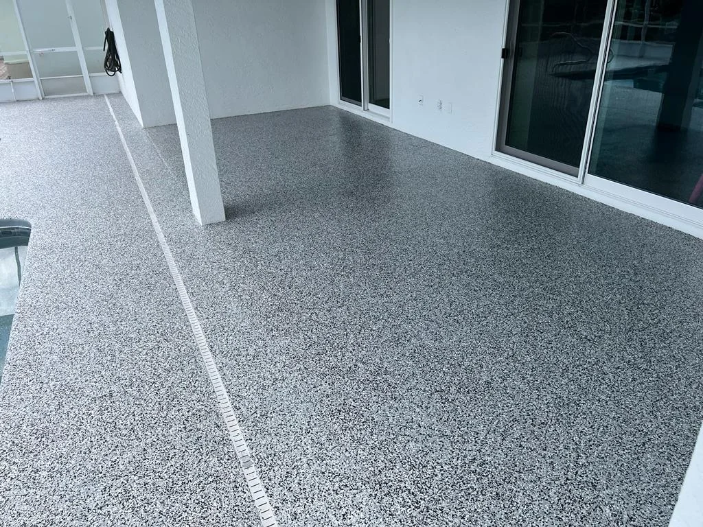 Covered patio flake coating after