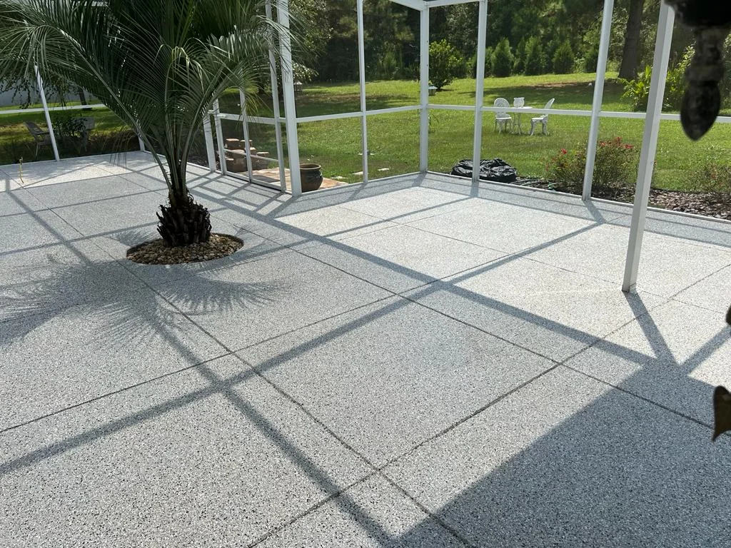 Gray flake coating on a screened lanai