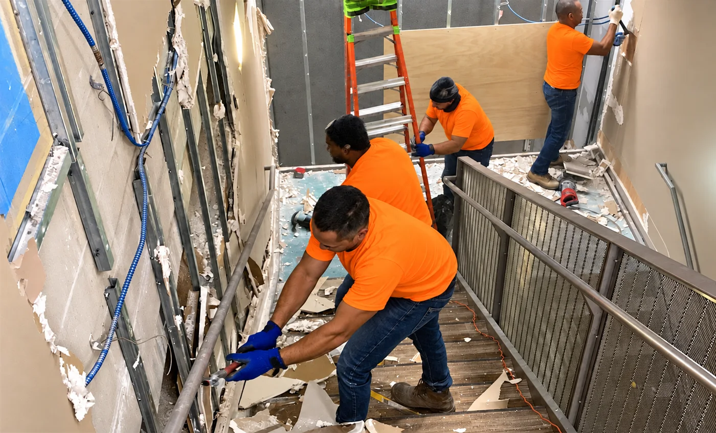 Crew removing damaged drywall from a stairwell before rebuilding