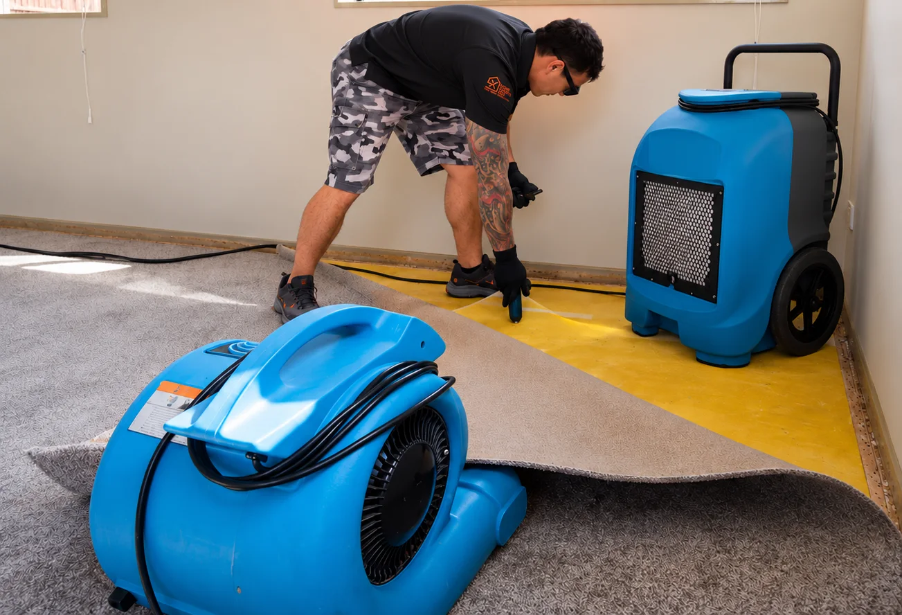 Technician checking moisture under pulled-back carpet with an air mover and dehumidifier running