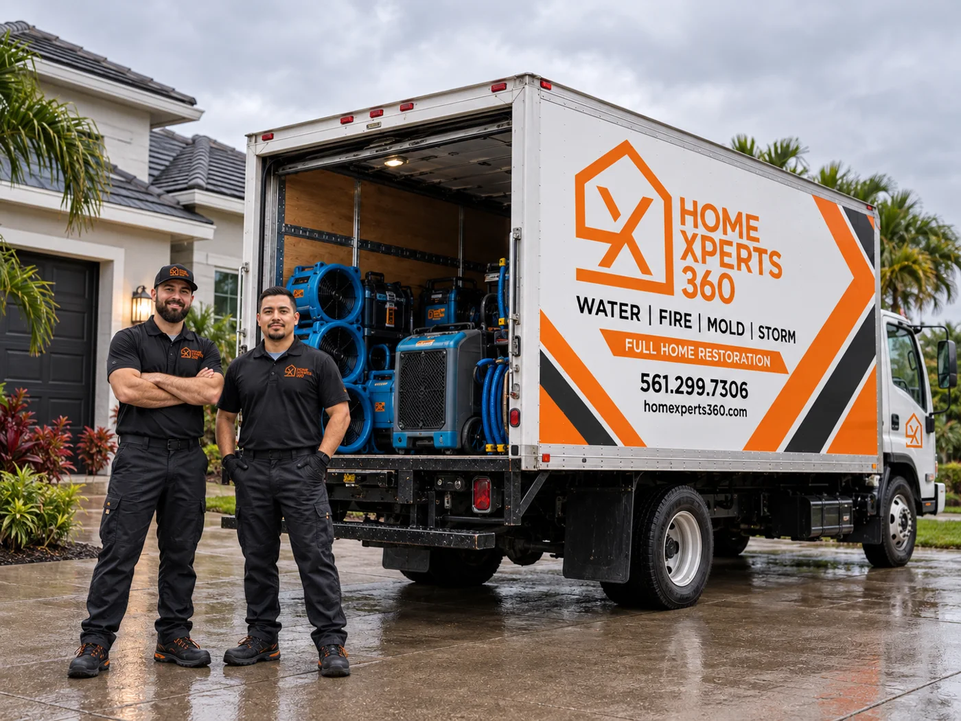Home Xperts 360 technicians next to a restoration truck loaded with air movers and dehumidifiers