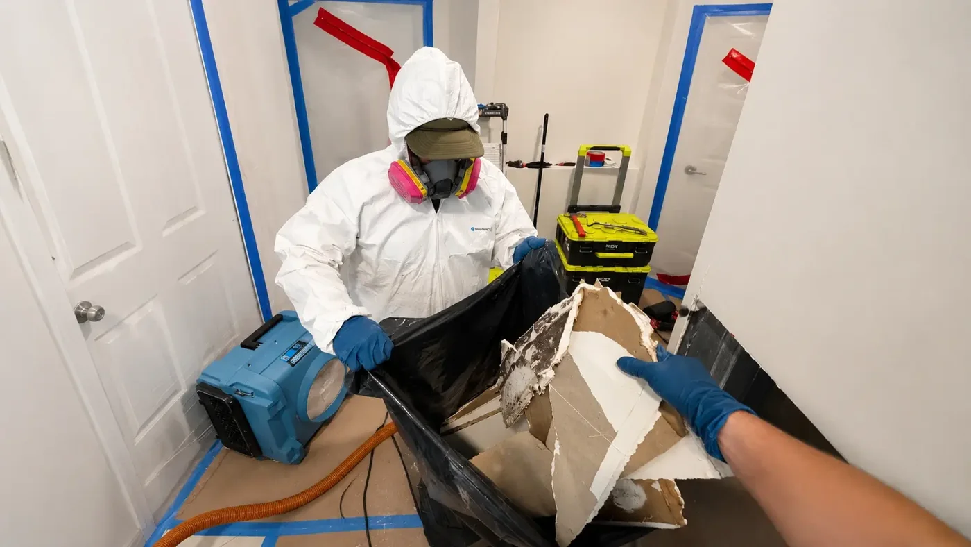 Technician bagging removed wet drywall